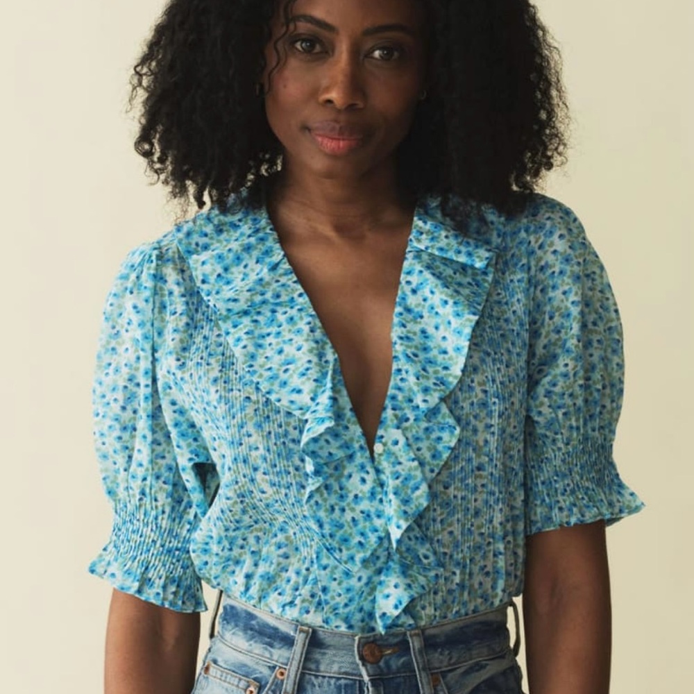 Doen Henri Cotton Blouse in Bleu Daisy Fields SZ Small